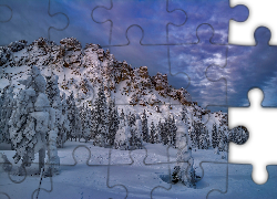 Zima, Góry, Ośnieżone, Świerki, Zmierzch