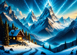 Zima, Góry, Dom, Drzewa, Grafika