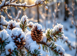 Zima, Ośnieżone, Gałązki, Jodła, Szyszki