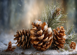 Ośnieżone, Szyszki, Gałązki, Sosna, Grafika AI