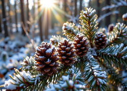 Zima, Gałązka, Sosna, Szyszki, Śnieg, Las, AI