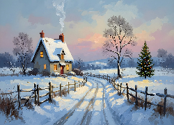 Zima, Dom, Śnieg, Ośnieżona, Droga, Ogrodzenie, Drzewa, Oświetlona, Choinka, Grafika AI