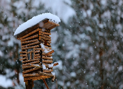 Zima, Śnieg, Drewniany, Domek dla ptaków