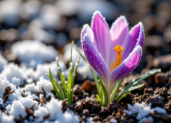 Śnieg, Ośnieżony, Fioletowy, Krokus, Zielone, Listki