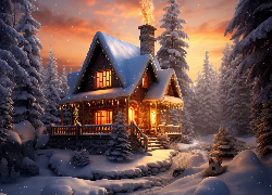 Zima, Śnieg, Noc, Dom, Światła, Ośnieżone, Drzewa, 2D
