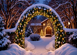 Boże Narodzenie, Zima, Dom, Dekoracja, Łuk, Oświetlenie, Drzewa, Zaspy