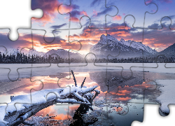 Zima, Jezioro, Kłody, Śnieg, Góry, Las, Drzewa, Park Narodowy Banff, Alberta, Kanada