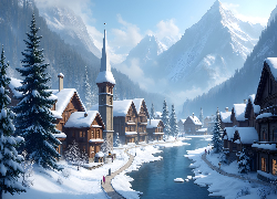 Zima, Domy, Kościół, Miasteczko, Rzeka, Góry