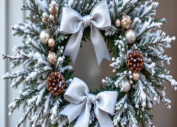 Boże Narodzenie, Wianek, Gałązki, Ośnieżone, Szyszki, Kokardy, Bombki, AI