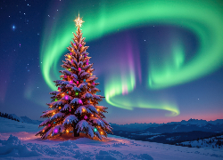 Boże Narodzenie, Choinka, Zima, Zorza polarna