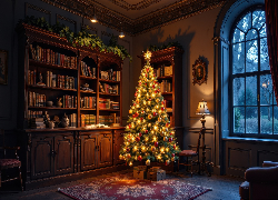 Pokój, Regały, Książki, Choinka, Boże Narodzenie, Okno, Grafika AI