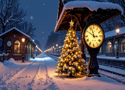 Boże Narodzenie, Zima, Choinka, Zegar, Stacja, Dworzec, Peron, Noc
