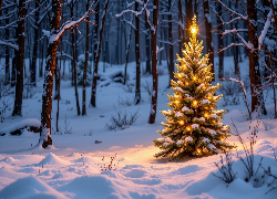 Zima, Las, Oświetlona, Choinka, Boże Narodzenie, Grafika