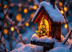 Zima, Domek, Dla, Ptaków, Śnieg, Choinka, Światełka, AI