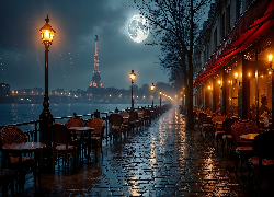 Bulwar, Restauracja, Latarnie, Deszcz, Noc, Paryż, Francja, Grafika AI