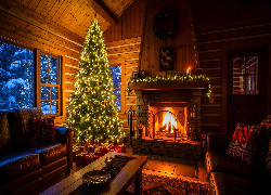 Pokój, Udekorowana, Choinka, Prezenty, Kominek, Wieniec, Sofa, Okno, Boże Narodzenie