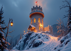 Zima, Oświetlona, Wieża, Skała