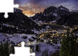 Góry, Alpy, Dolomity, Zima, Oświetlone, Dolina, Val Gardena, Gmina, Santa Cristina, Bolzano, Włochy