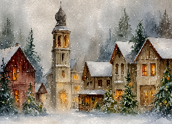 Domy, Kościół, Choinki, Zima, Grafika AI