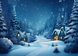 Zima, Ośnieżone, Drzewa, Domy, Światła, Śnieg, Grafika