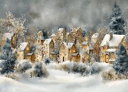 Domy, Choinki, Śnieg, Zima, Grafika AI