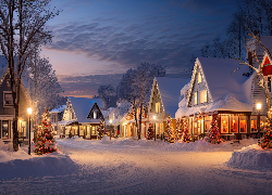 Zima, Śnieg, Noc, Ulica, Domy, Światła, Drzewa, Choinki, Boże Narodzenie