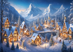 Grafika. Zima, Boże Narodzenie, Góry, Domy, Oświetlone, Choinki, Most
