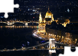 Noc, Rzeka Dunaj, Most, Parlament, Budapeszt, Węgry, Miasto nocą