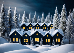 Zima, Drzewa, Domy, Grafika
