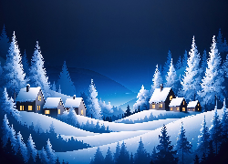 Zima, Drzewa, Śnieg, Wieś, Domy, Noc, Grafika