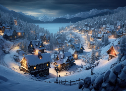 Zima, Góry, Domy, Jezioro, Światła, Noc, Drzewa, 2D