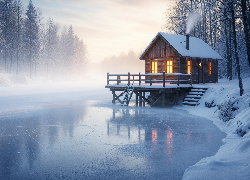 Zima, Rzeka, Dom, Drzewa, Mgła