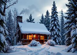 Zima, Oświetlony, Dom, Drzewa, Dym, Grafika AI