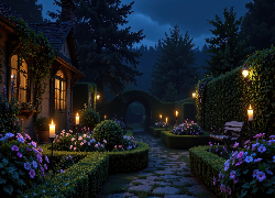 Dom, Latarnie, Żywopłot, Rabatki, Kwiaty, Ogród