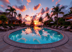 Basen, Dom, Palmy, Zachód słońca, Grafika AI