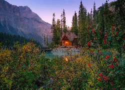 Kanada, Park Narodowy Yoho, Góry, Jezioro, Emerald Lake, Drzewa, Jesień, Dom