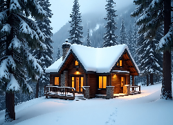 Zima, Las, Dom, Światła, Śnieg, Drzewa