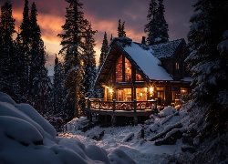 Zima, Dom, Oświetlenie, Śnieg, Chmury, Drzewa
