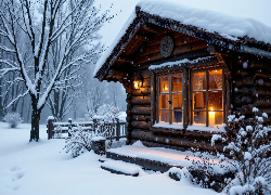 Dom, Drewniany, Okno, Światło, Zima, Grafika AI