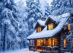 Zima, Las, Ośnieżone, Drzewa, Oświetlony, Dom, Śnieg