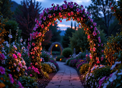 Ogród, Kwiatowy, Łuk, Kolorowe, Kwiaty, Drzewa, Alejka