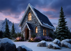 Kamienny, Dom, Góry, Zima, Drzewa, Kamienie