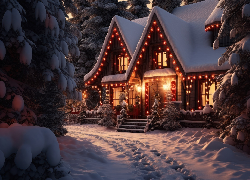 Zima, Ośnieżone, Drzewa, Dom, Światła, Święta, Grafika