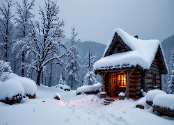 Drewniana, Chata, Dom, Zima, Drzewa, Grafika AI