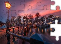 Holandia, Amsterdam, Most, Kanał, Domy, Światła, Zachód słońca