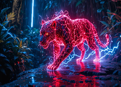 Zwierzę, Drapieżne, Dzikie, Jaguar, Stąpanie, Oświetlenie, Elektryczny, Kolor, Różowy, Grafika, Komputerowa