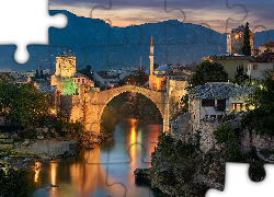 Miasteczko, Mostar, Domy, Most, Rzeka Neretwa, Noc, Światła, Bośnia i Hercegowina