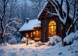 Zima, Las, Drzewa, Krzewy, Noc, Dom, Światła, Latarnie, Śnieg, AI