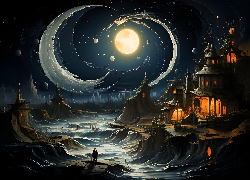 Noc, Księżyc, Oświetlony, Zamek, Fantasy
