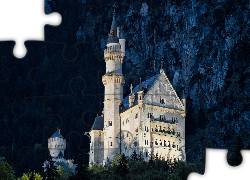 Zamek Neuschwanstein, Bawaria, Schwangau, Niemcy, Skały, Drzewa, Noc